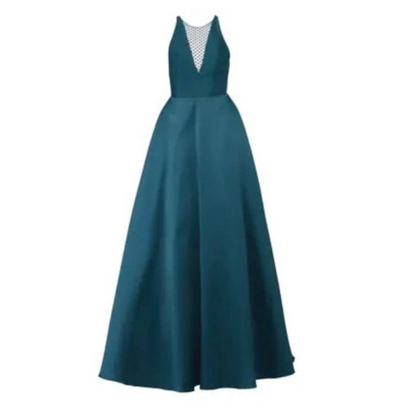 Monique Lhuillier Teal Mesh Formal Gown Sleeveless mesh insert Formal Dress 16 - Picture 4 of 13